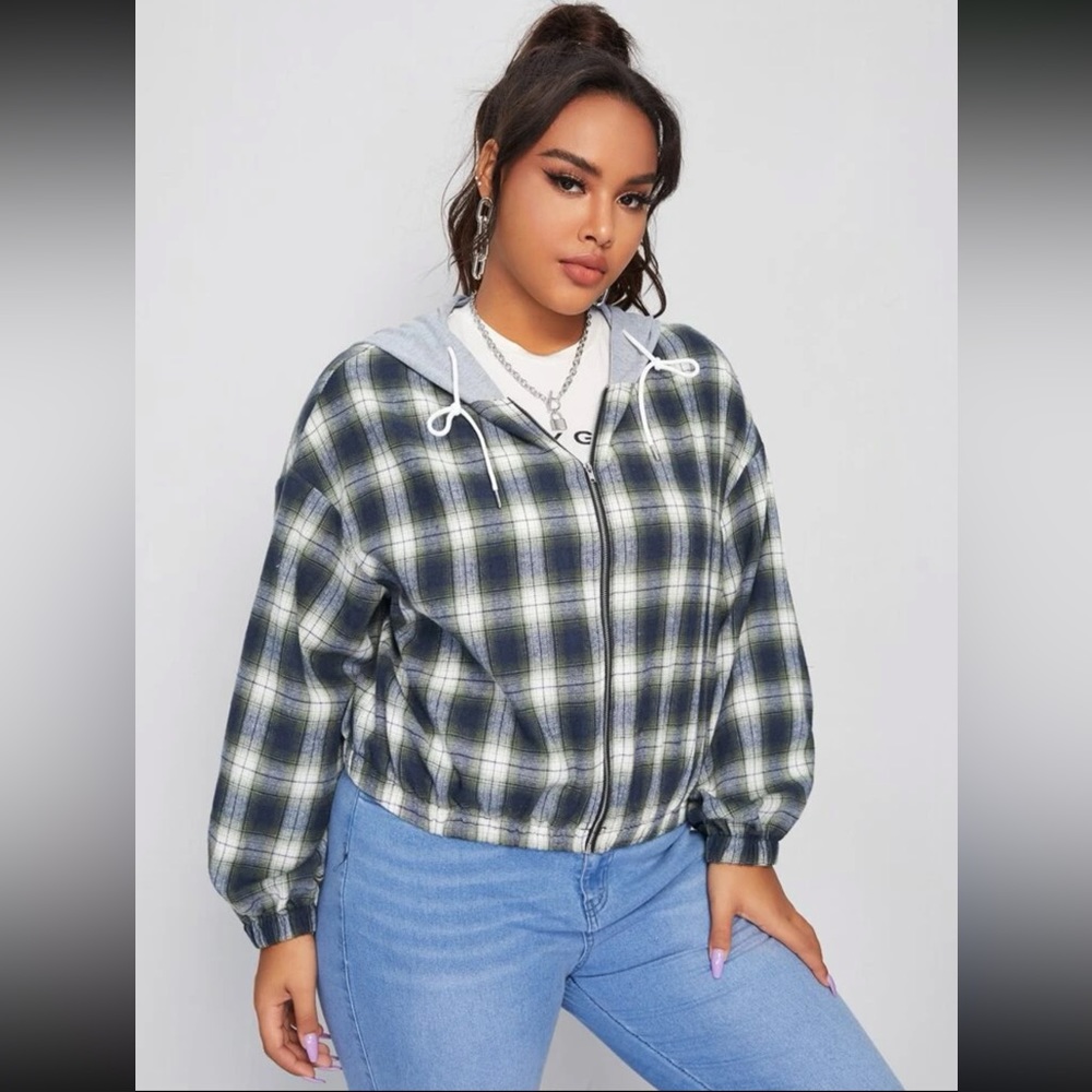 Plaid Drawstring Hooded Jacket - Picture 2 of 5